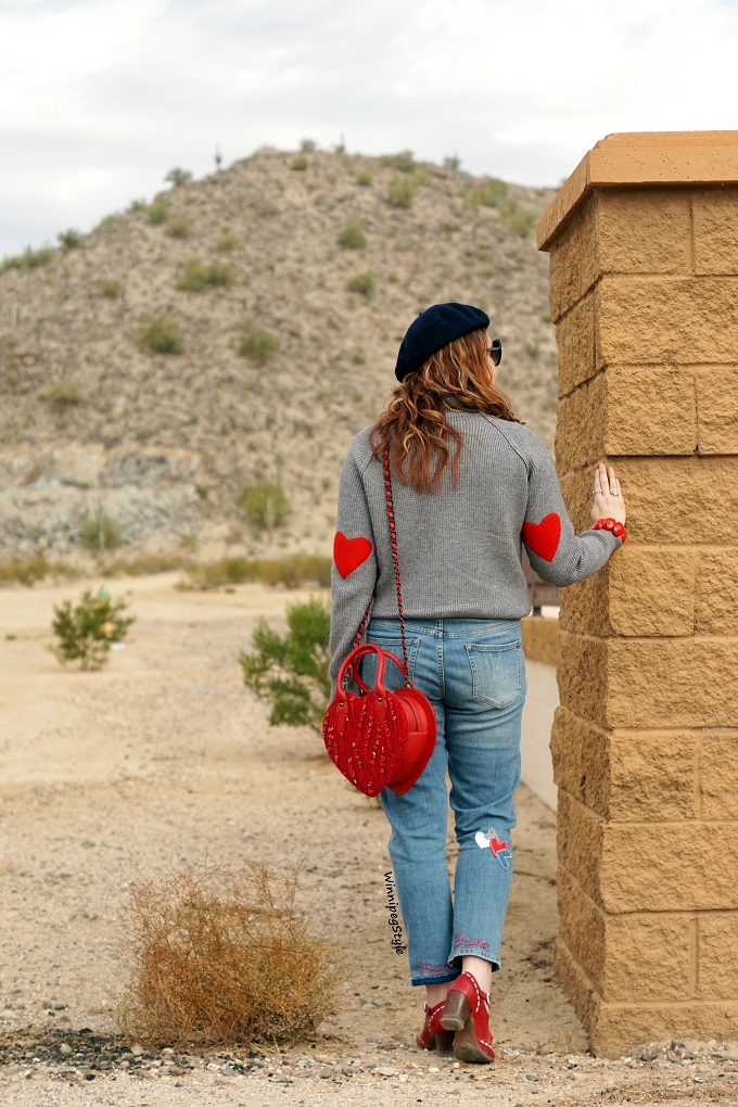 Winnipeg Style fashion stylist canadian blog, Chicwish grey sweater jumper red heart elbow patches, Anthropologie Pilcro heart patches patch embroidered denim jeans, Mary Frances red heart novelty bag, John Fluevog LE red malibran operetta mary jane shoes, vacation style Arizona trip, dressy casual
